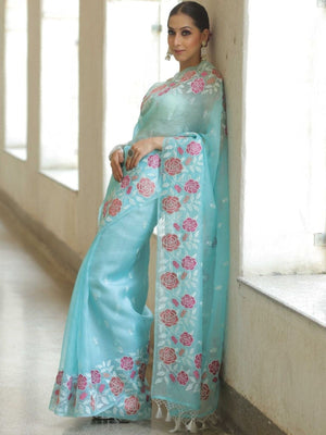 Rajwada Sky Blue Organza Embroidered Solid Saree For Women