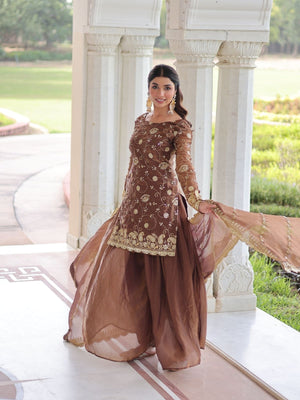 Rajwada Brown Silk Blend Embellished Kurta Set For Women