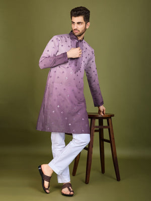 Rajwada Purple Viscose Silk Sequins Stitched Kurta For Men