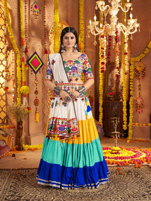 Rajwada Multicolor Viscose Cotton Embroidered Semi-Stitched lehenga With Stunning Tassels And Embroidered Waist Belt For Women