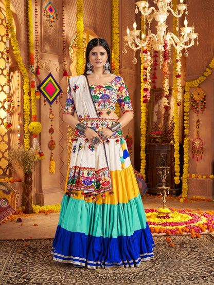 Rajwada Multicolor Viscose Cotton Embroidered Semi-Stitched lehenga With Stunning Tassels And Embroidered Waist Belt For Women