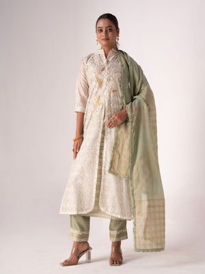 Rajwada White Art Silk Designer Embroidered Semi-Stitched Kurta Set For Women