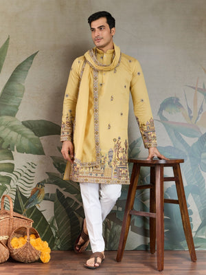 Rajwada Yellow Viscose Silk Embroidered Stitched Kurta For Men