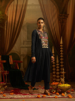 Black Cotton Blend Embellished Gown