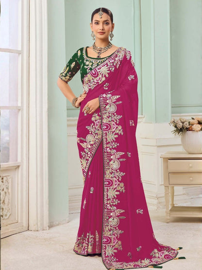 Rajwada Dark Pink Satin Embroidered Saree For Women