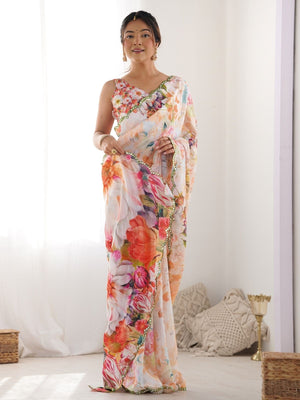 Rajwada Multicolor Chinon Printed Saree With Unstitched Blouse For Women