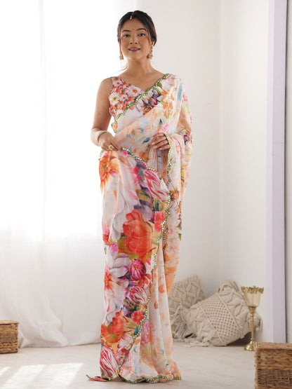 Rajwada Multicolor Chinon Printed Saree With Unstitched Blouse For Women