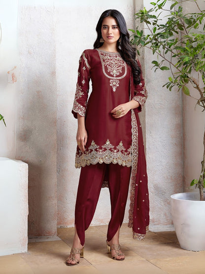Rajwada Maroon Georgette Embroidered & Cutwork Semi-Sitched Kurta Set For Women