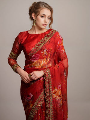 Rajwada Red Georgette Printed Saree For Women