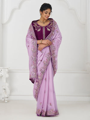 Rajwada Lavender Viscose Silk Embroidered Saree For Women