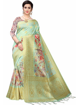 Rajwada Sea Green Silk Blend Floral Printed Saree For Women