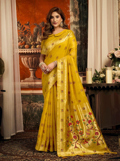 Rajwada Mustard Yellow Silk Blend Solid Saree For Women