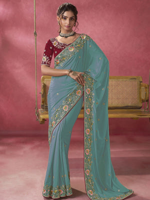 Rajwada Teal Georgette Embroidered Elegant Saree For Women