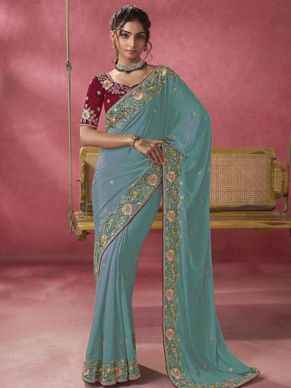 Rajwada Teal Georgette Embroidered Elegant Saree For Women