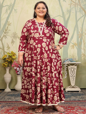 Rajwada Wine Rayon Printed Kurti For Women
