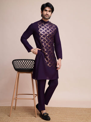Rajwada Purple Silk Blend Embellished Stitched Kurta With Pant For Men