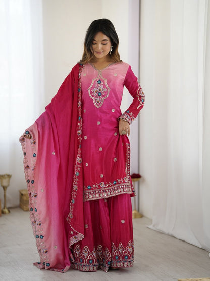 Rajwada Pink Chiffon Embroidered Stitched Kurta Set For Women