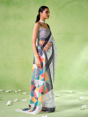 Rajwada White Cotton Linen Solid Printed Saree For Women