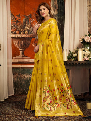 Rajwada Mustard Yellow Silk Blend Solid Saree For Women