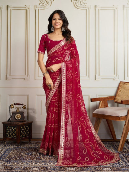 Rajwada Dark Pink Georgette Printed Saree For Women