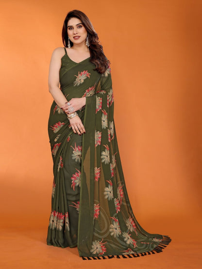 Rajwada Olive Green Silk Blend Floral Print Saree For Women