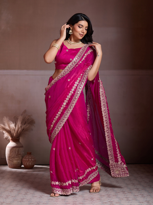Rajwada Pink Chiffon Embroidered Saree For Women
