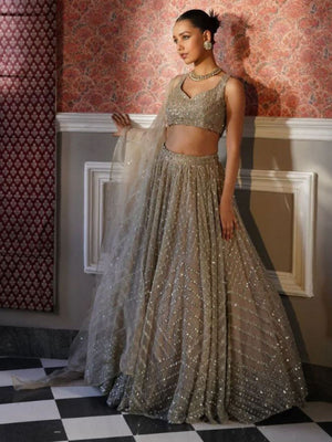 Rajwada Grey Organza Embellished Semi Stitched Lehenga For Women