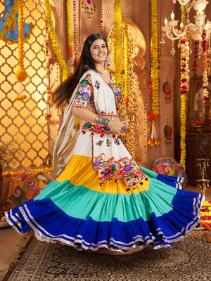 Rajwada Multicolor Viscose Cotton Embroidered Semi-Stitched lehenga With Stunning Tassels And Embroidered Waist Belt For Women