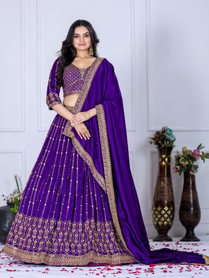 Rajwada Purple Silk Blend Embroidered Semi-Stitched lehenga For Women