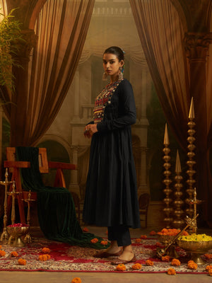 Black Cotton Blend Embellished Gown