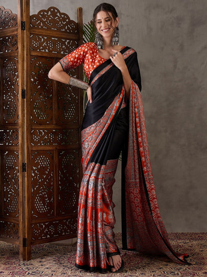 Rajwada Black And Orange Silk Blend Printed Elegant Saree For Women