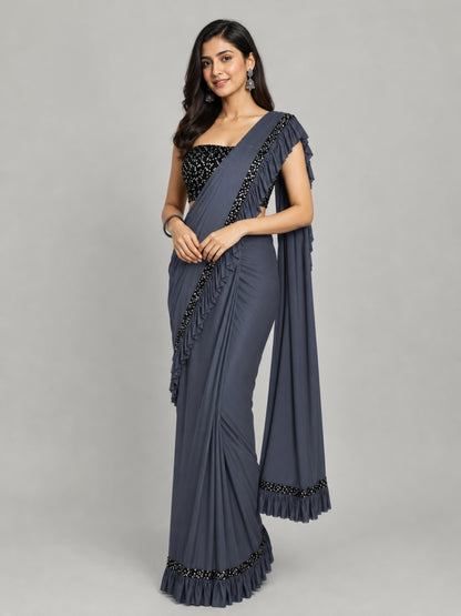 Dark Grey Silk Blend Embellished Saree