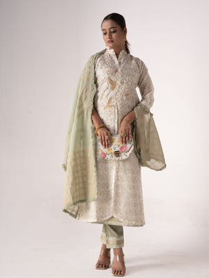 Rajwada White Art Silk Designer Embroidered Semi-Stitched Kurta Set For Women