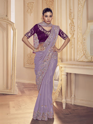 Rajwada Lavender Georgette Embroidered Elegant Saree For Women