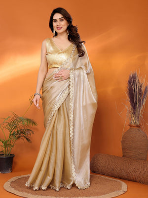 Rajwada Beige Georgette Lace Work Saree For Women