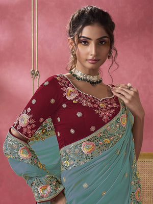 Rajwada Teal Georgette Embroidered Elegant Saree For Women
