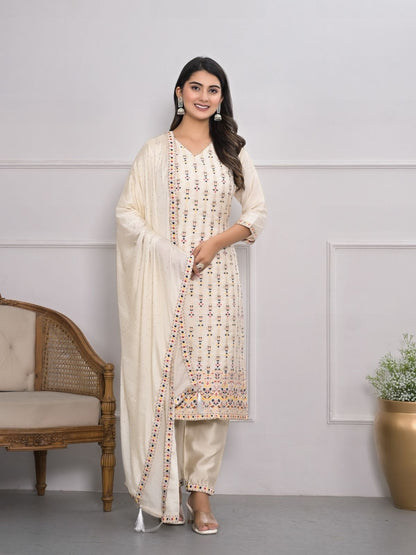Rajwada Off White Silk Blend Embroidered Stitched Kurta Set For Women