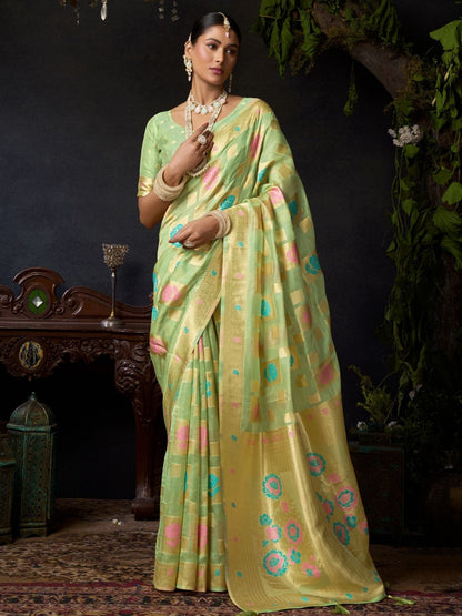 Rajwada Light Green Organza Solid Saree For Women