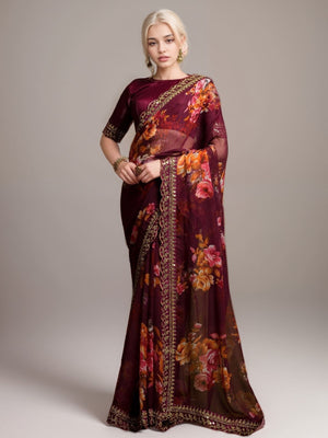Rajwada Wine Georgette Printed Saree For Women