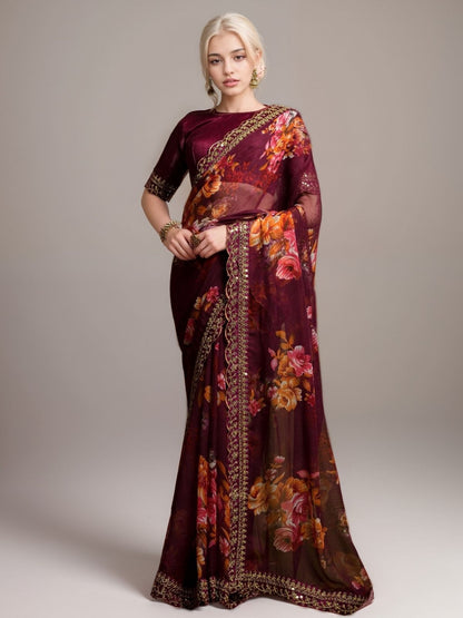 Rajwada Wine Georgette Printed Saree For Women