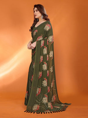 Rajwada Olive Green Silk Blend Floral Print Saree For Women