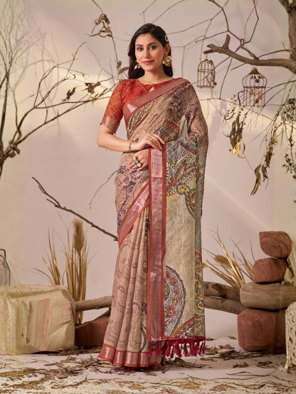 Rajwada Multicolor  Linen Cotton Printed Saree For Women
