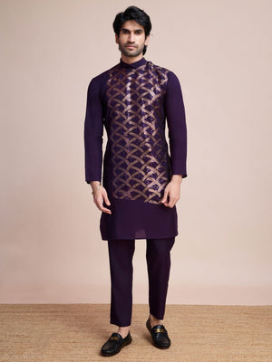 Rajwada Purple Silk Blend Embellished Stitched Kurta With Pant For Men