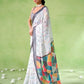 Rajwada White Cotton Linen Solid Printed Saree For Women
