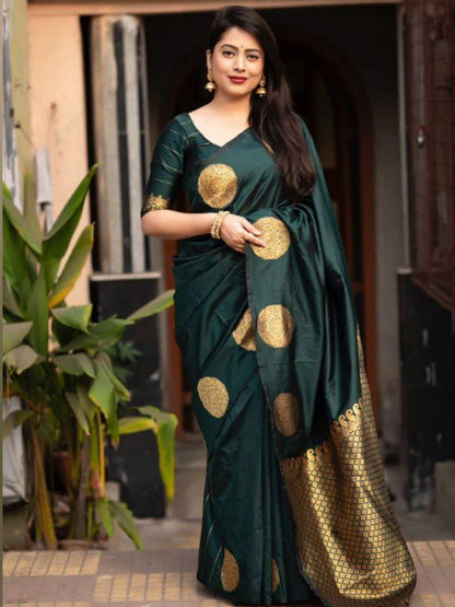 Rajwada Dark Green Silk Blend Woven Saree For Women