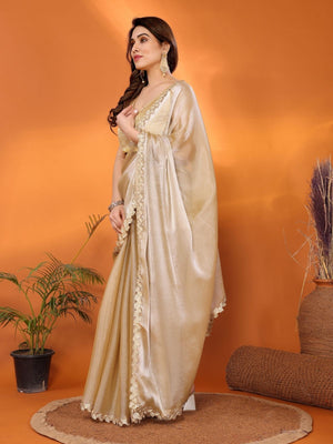 Rajwada Beige Georgette Lace Work Saree For Women