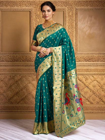 Rajwada Deep Teal Green Silk Blend Woven Pithani Saree For Women