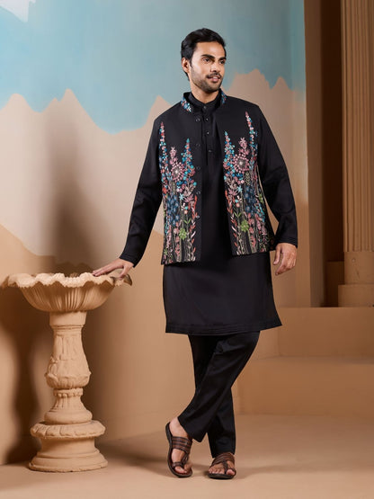 Rajwada Black Silk Blend Embroidered Stitched Kurta Set For Men