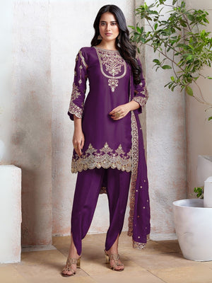Rajwada Purple Georgette Embroidered & Cutwork Semi-Sitched Kurta Set For Women