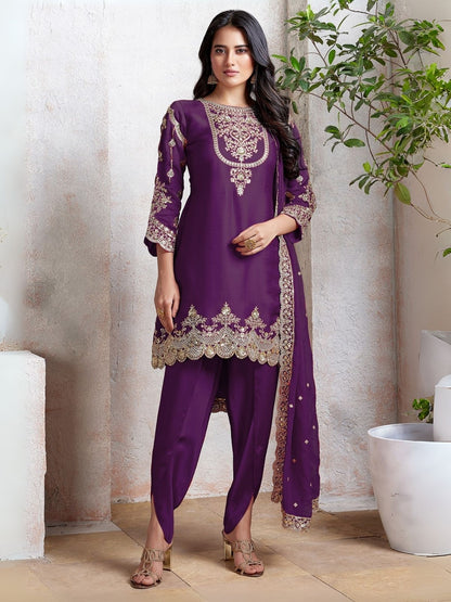 Rajwada Purple Georgette Embroidered & Cutwork Semi-Sitched Kurta Set For Women